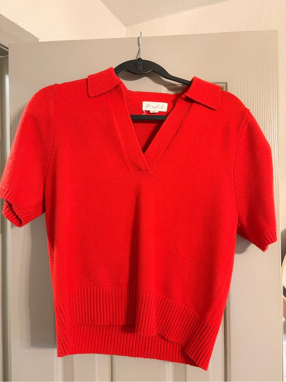 Marled Red Polo Collar Short Sleeve Knit Top